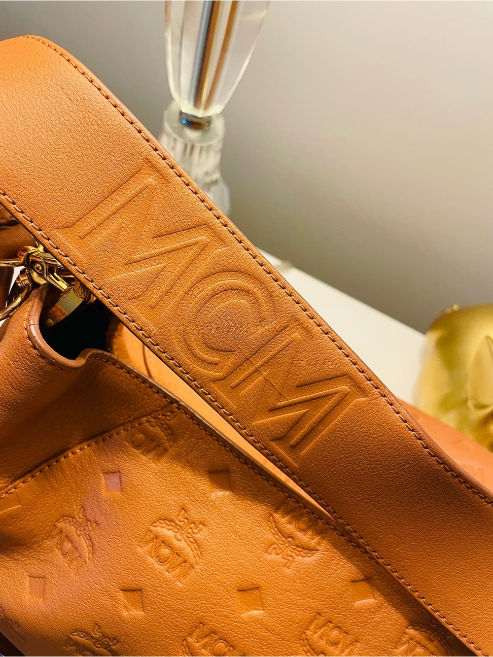 MCM Cognac Embossed Leather Shoulder Bag - Picture 4 of 11